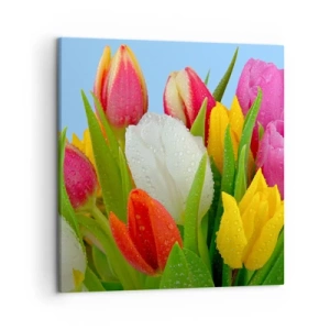Canvastavla - Bild på duk - blommig regnbåge i daggdroppar - 50x50 cm