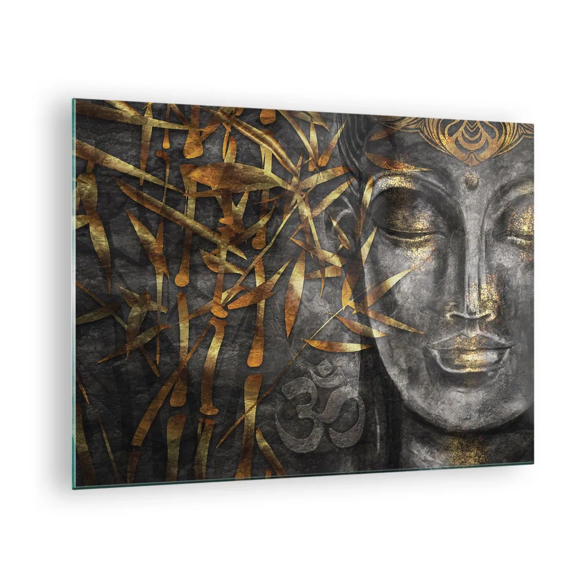 Glastavla - Bild på glas - Gyllene Buddha-bild mot en bambubakgrund - 70x50cm - Känn lugnet - Modern väggdekoration för vardagsrum och sovrum ARTTOR