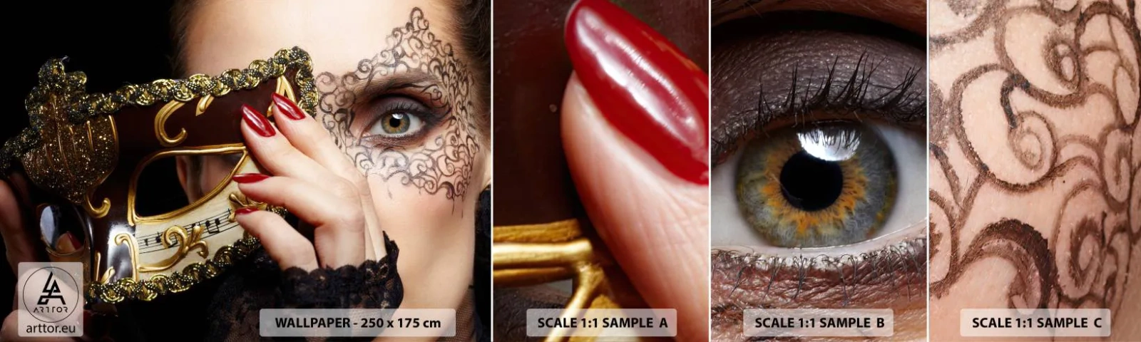 Fototapet Prov Standard Eco - Min värld är från barock - Kvinna, Venetiansk mask, Boll - 100x30 cm