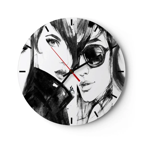 Väggklocka - Klocka på glas - Två kvinnliga silhuetter i en skissartad stil - 30x30cm - Mångfaldigad skönhet - Modern väggdekoration för vardagsrum, kök och sovrum ARTTOR