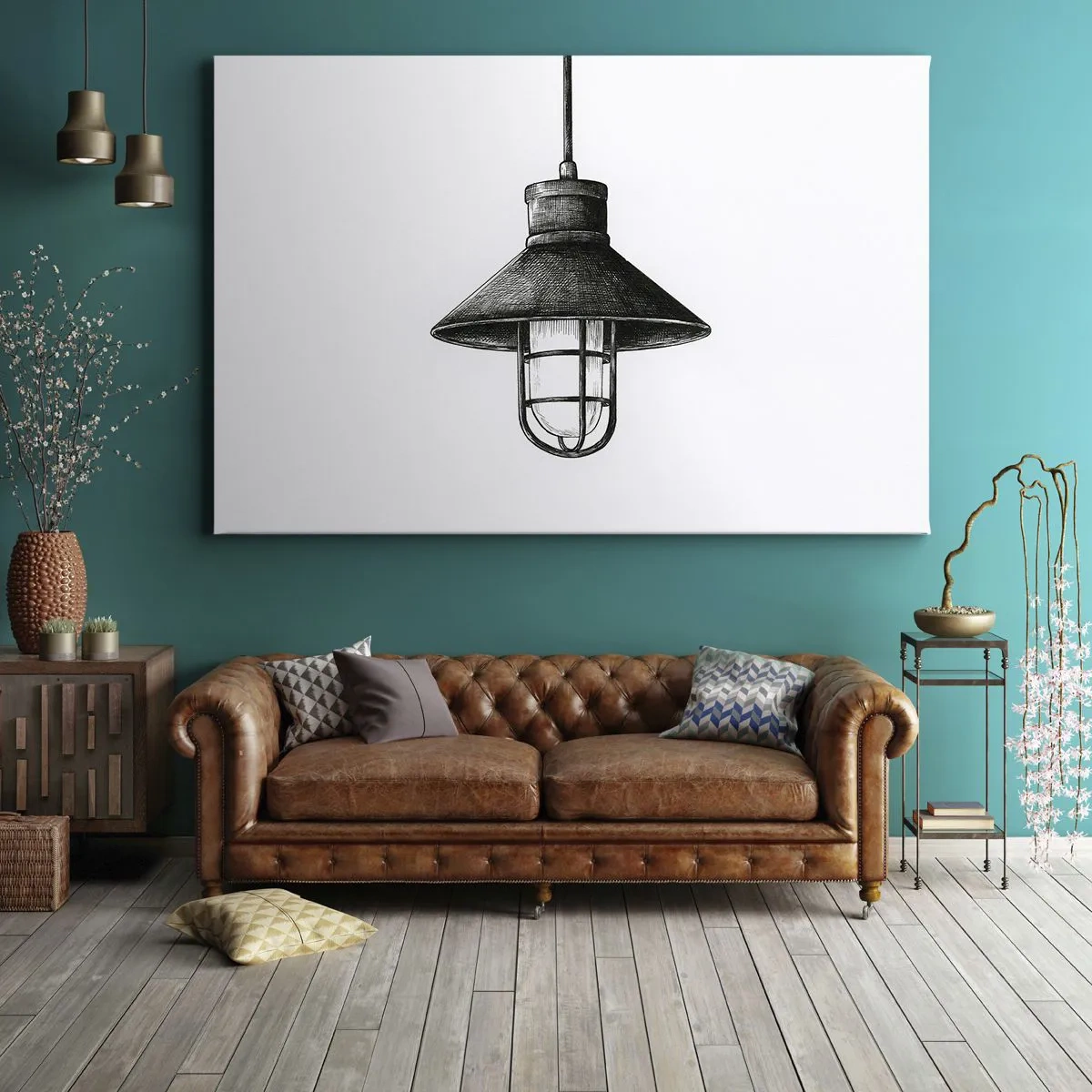 Canvastavla - Bild på duk - Ritning av en retro hängande lampa på vit bakgrund - 70x50cm - Som för många år sedan... - Modern väggdekoration för vardagsrum och sovrum ARTTOR