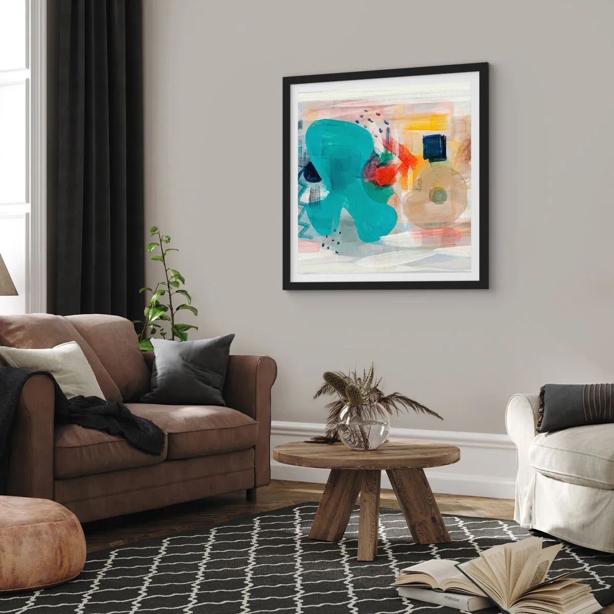 Affisch i svart ram - Ett färgglatt spel - 60x60 cm