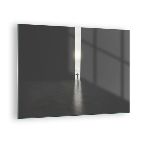 Glastavla - Bild på glas - Silhuetten av en man som öppnar en dörr mot ett starkt ljus - 70x50cm - Ett steg mot den ljusa framtiden - Modern väggdekoration för vardagsrum och sovrum ARTTOR