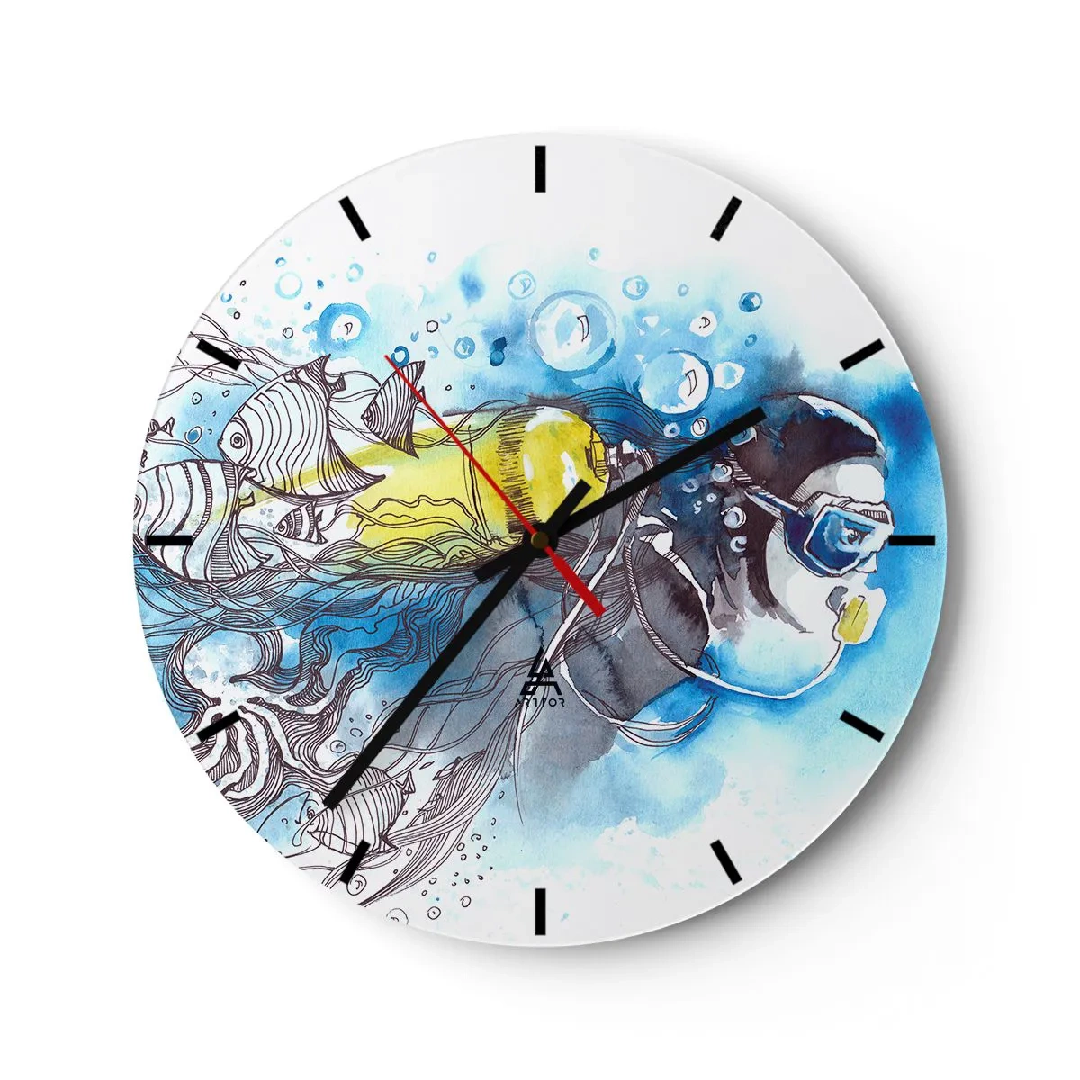 Väggklocka - Klocka på glas - En dykare med färgglada fiskar i undervattensvärlden - 30x30cm - Det stora blåa - Modern väggdekoration för vardagsrum, kök och sovrum ARTTOR
