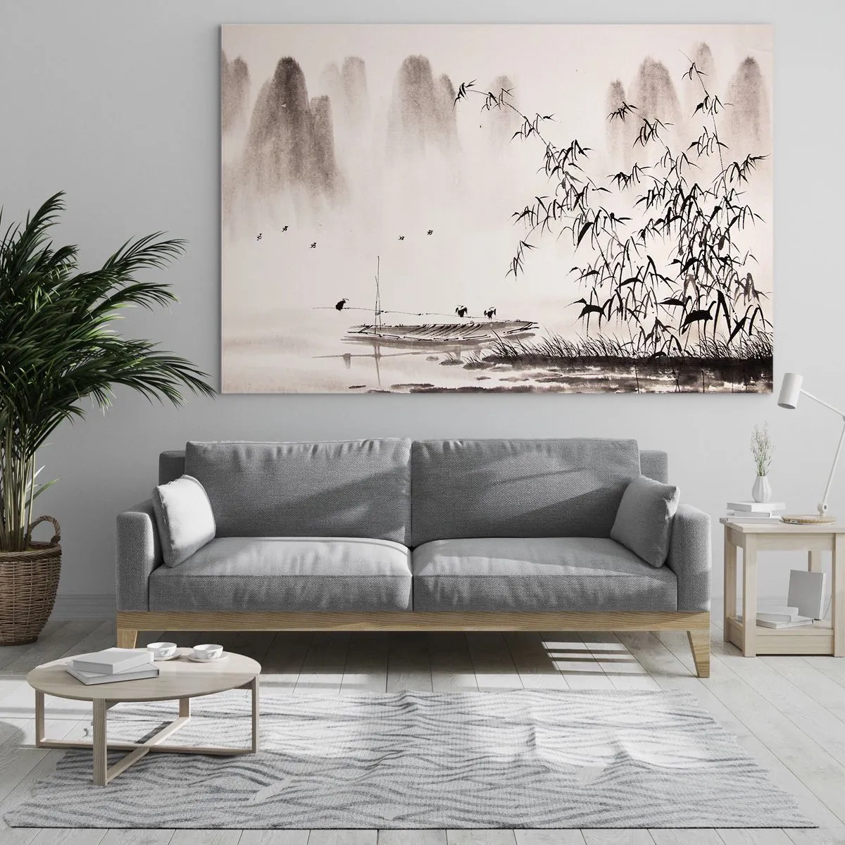 Glastavla - Bild på glas - En minimalistisk scen med bambu och en båt på en sjö. - 70x50cm - Risfältens tystnad - Modern väggdekoration för vardagsrum och sovrum ARTTOR