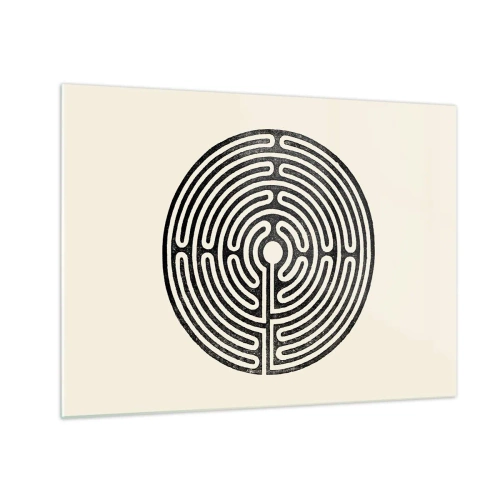 Glastavla - Bild på glas - En svartvit labyrint i en cirkulär form mot en ljus bakgrund. - 70x50cm - Mystisk ordning - Modern väggdekoration för vardagsrum och sovrum ARTTOR