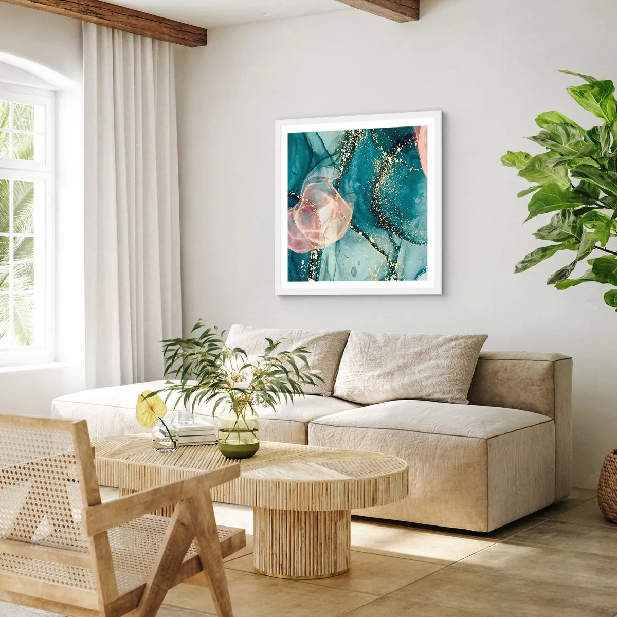 Affisch i vit ram - Sidenblå, tyllrosa - 50x50 cm