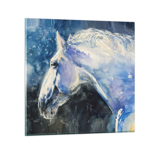 Glastavla - Bild på glas - Porträtt i blått sken - 50x50 cm