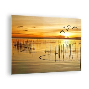 Glastavla - Bild på glas - Solnedgång över en sjö med fåglar och fiskenät - 70x50cm - Fiskevatten - Modern väggdekoration för vardagsrum och sovrum ARTTOR
