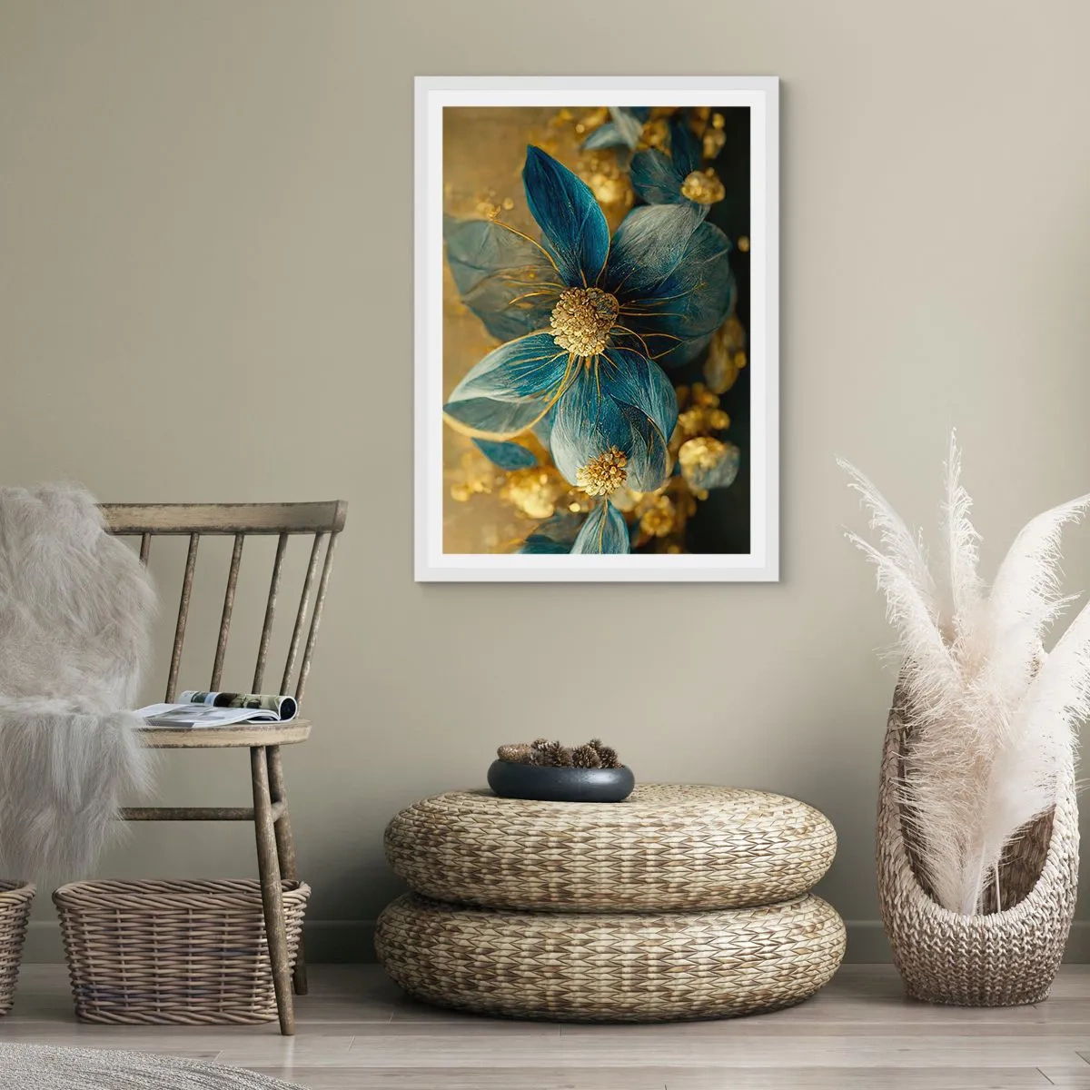 Affisch i vit ram - Blommande av guld - 40x50 cm
