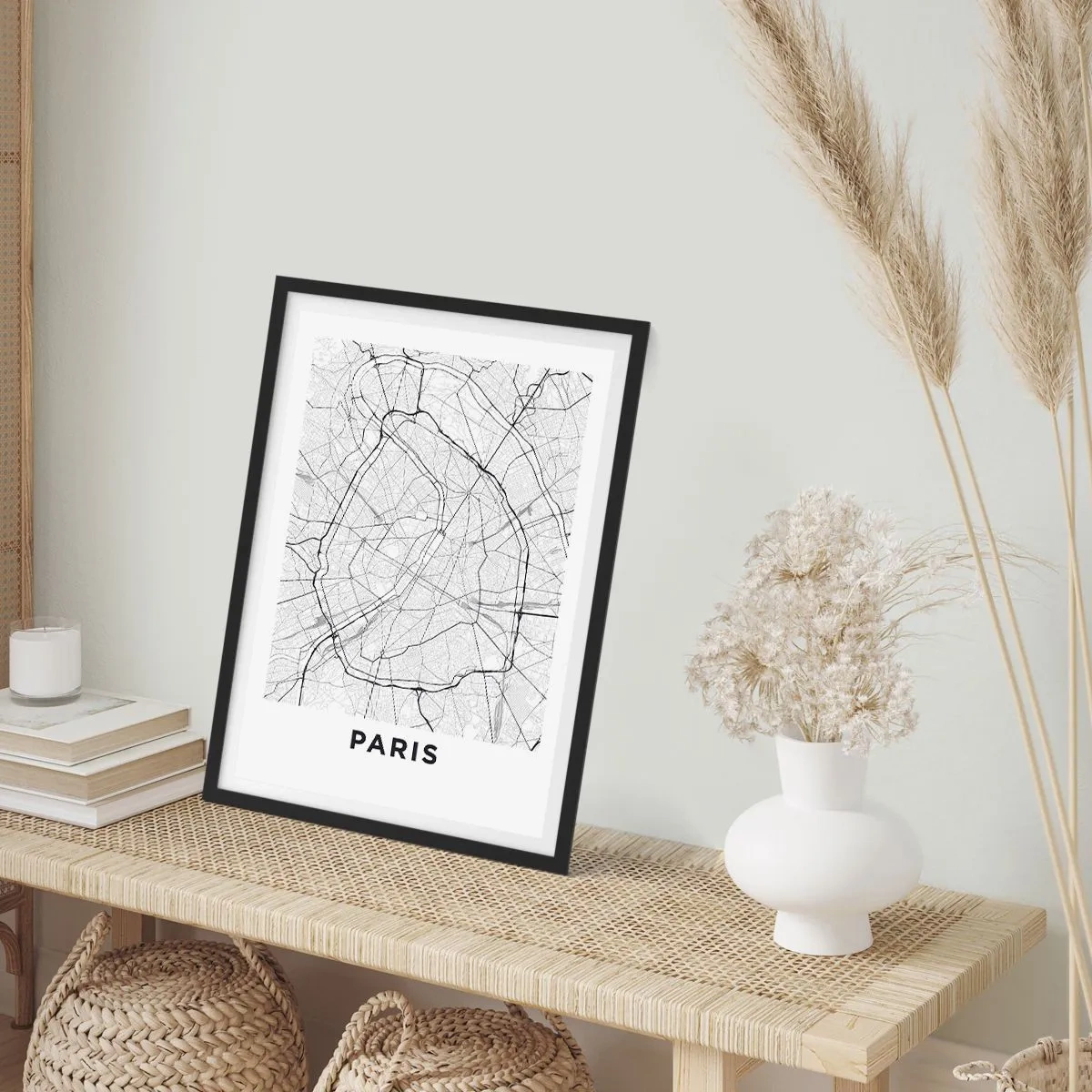 Affisch i svart ram - En karta över Paris i minimalistisk svartvit stil. - 50x70cm - Paris blomma - Modern väggdekoration för vardagsrum och sovrum ARTTOR
