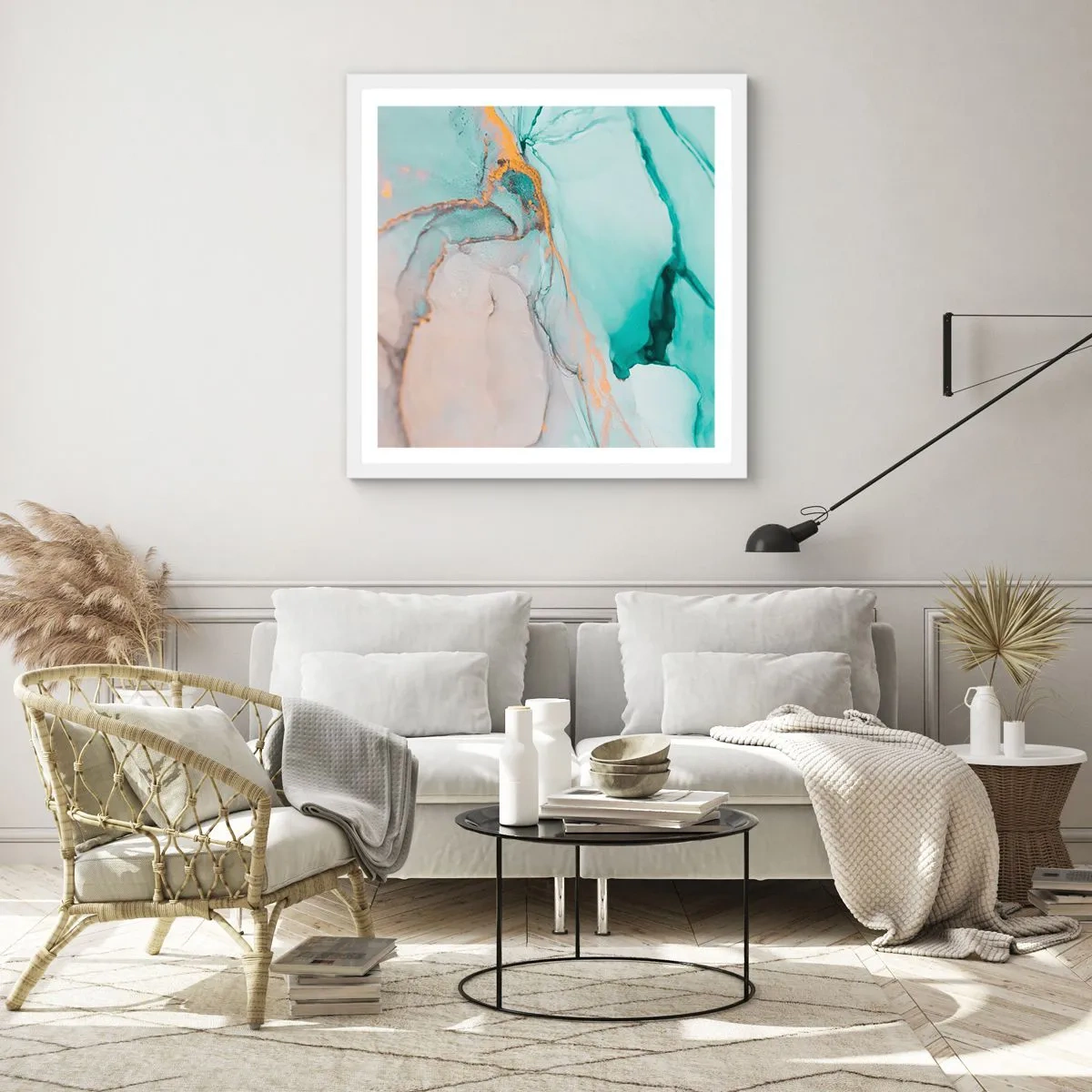 Affisch i vit ram - Formernas och färgernas dans - 50x50 cm