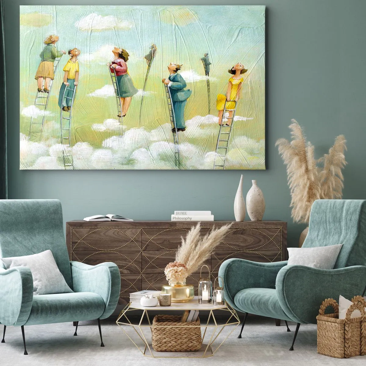 Canvastavla - Bild på duk - Figurer som klättrar på stegar bland moln mot en pastellbakgrund. - 70x50cm - Efter din dröm - Modern väggdekoration för vardagsrum och sovrum ARTTOR