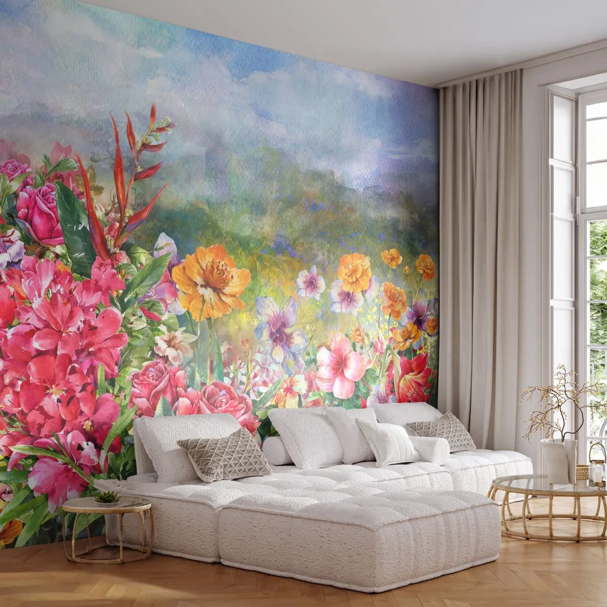 Fototapet Standard Eco - En pittoresk äng full av färgglada blommor - 100x70cm - En trädgård som blivit galen - Modern väggdekoration för vardagsrum och sovrum ARTTOR