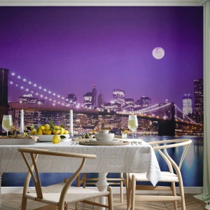 Självhäftande Fototapet Deluxe Sticker - Storstadens ljus i violett - Stad, New York, Brooklyn Bridge - 350x256 cm