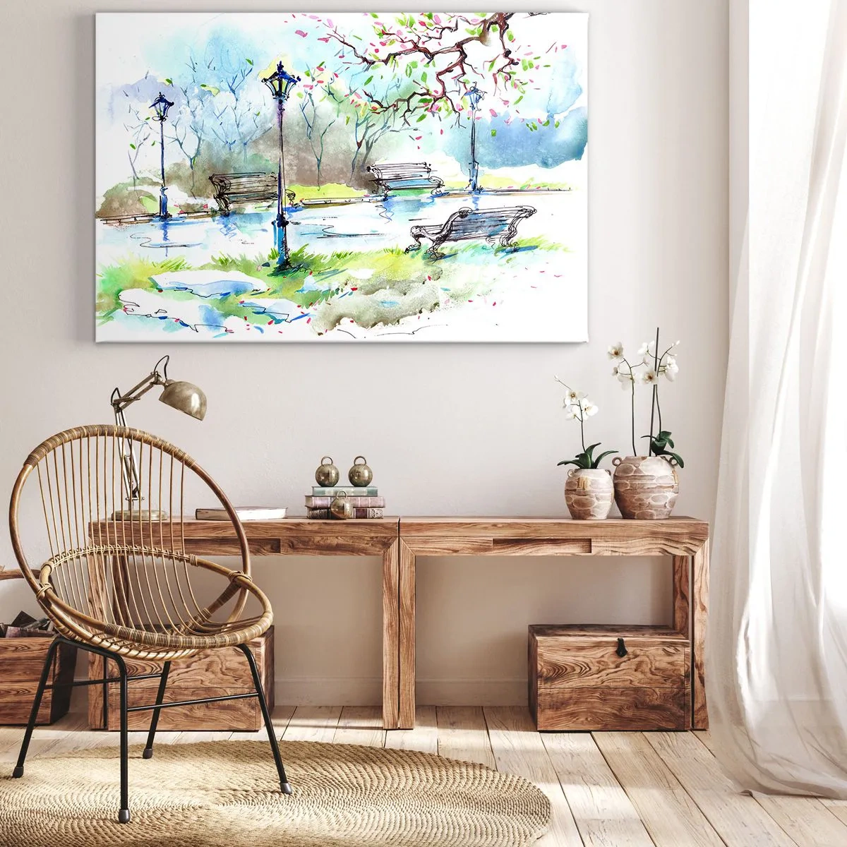 Canvastavla - Bild på duk - Akvarell parkscen med bänkar och lampor - 70x50cm - Parktystnadens charm - Modern väggdekoration för vardagsrum och sovrum ARTTOR