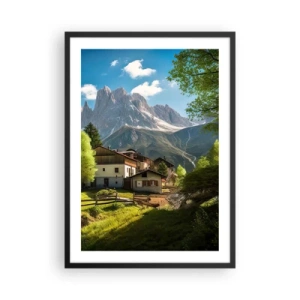 Affisch i svart ram - En bergsby vid foten av majestätiska toppar - 50x70cm - Alpin idyll - Modern väggdekoration för vardagsrum och sovrum ARTTOR