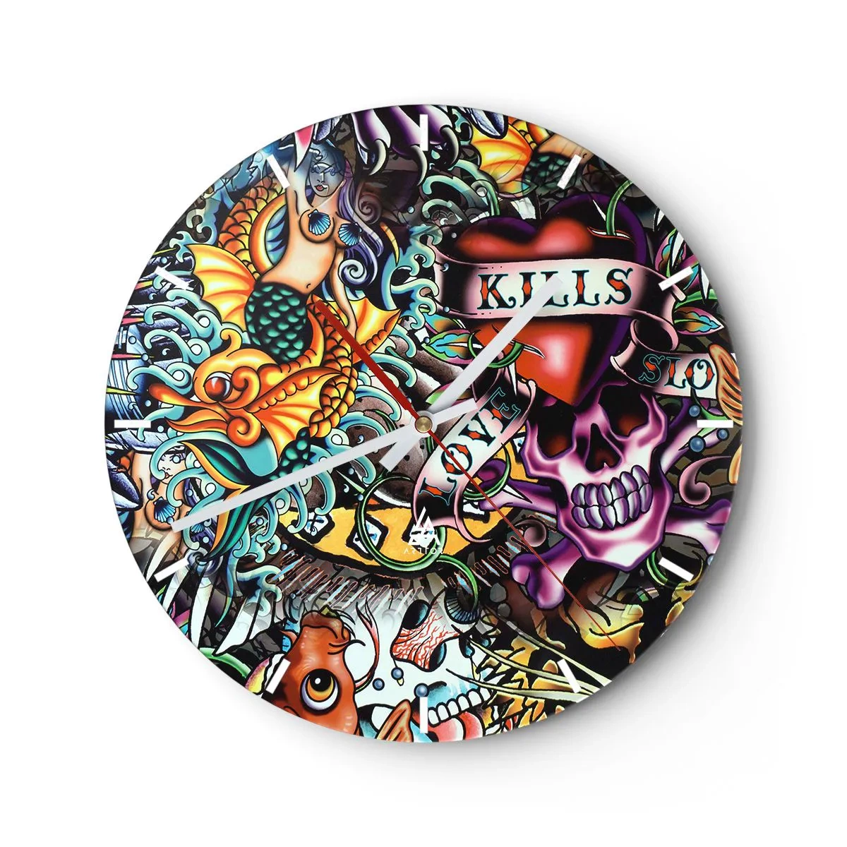 Väggklocka - Klocka på glas - Färgglatt tatueringsmotiv med skalle, sjöjungfru och hjärta - 30x30cm - Tatuerarens dröm - Modern väggdekoration för vardagsrum, kök och sovrum ARTTOR