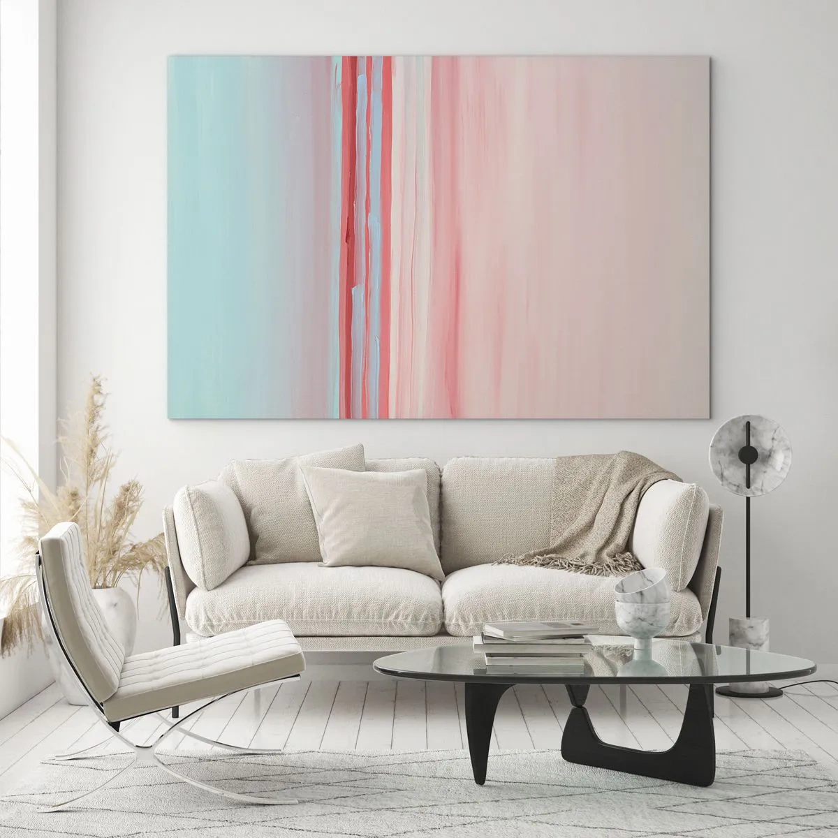 Glastavla - Bild på glas - Vertikala ränder i pastellfärger av rosa och blått - 70x50cm - Abstraktion i gryningen - Modern väggdekoration för vardagsrum och sovrum ARTTOR