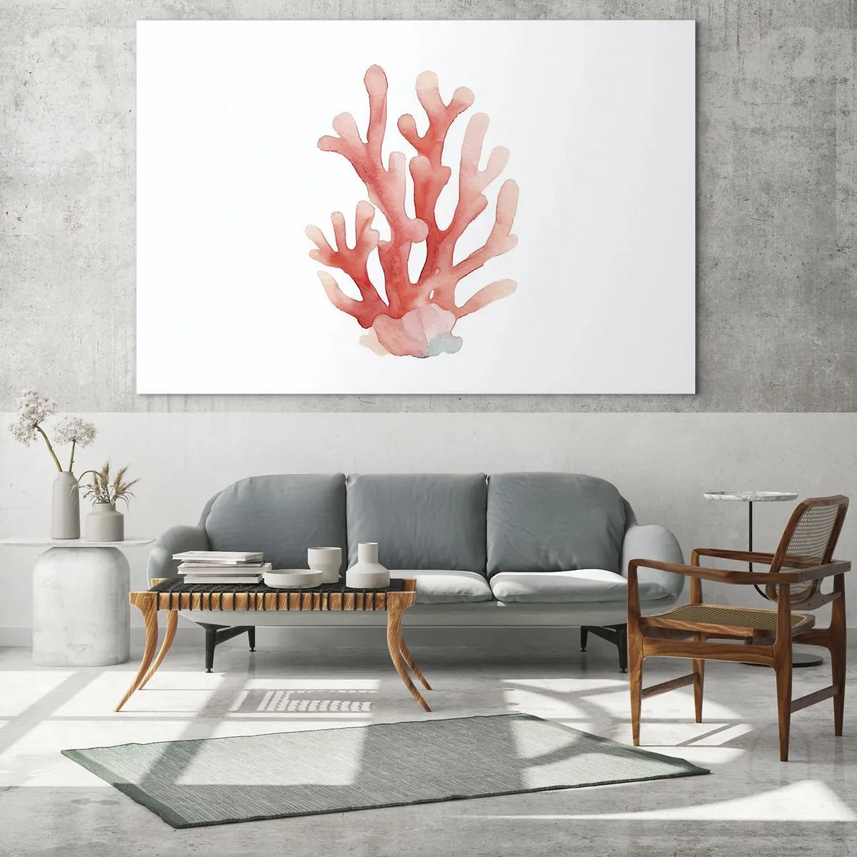 Glastavla - Bild på glas - Akvarell rosa korall på vit bakgrund - 70x50cm - Korallfärgad korall - Modern väggdekoration för vardagsrum och sovrum ARTTOR