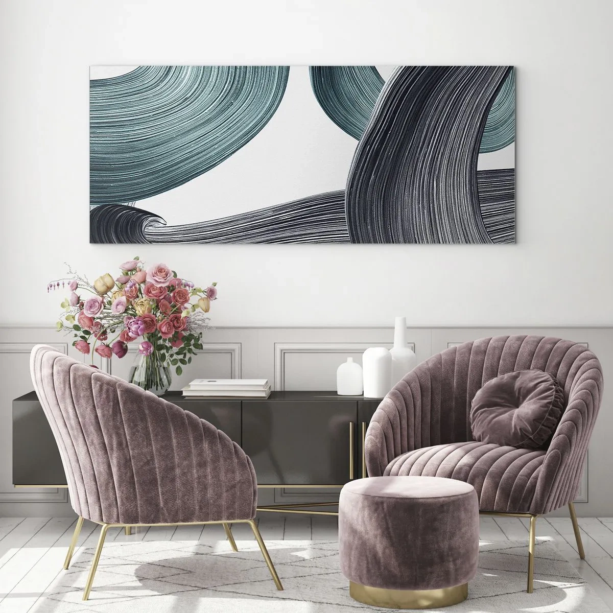 Glastavla - Bild på glas - Smaragd och svarta spår - 90x30 cm