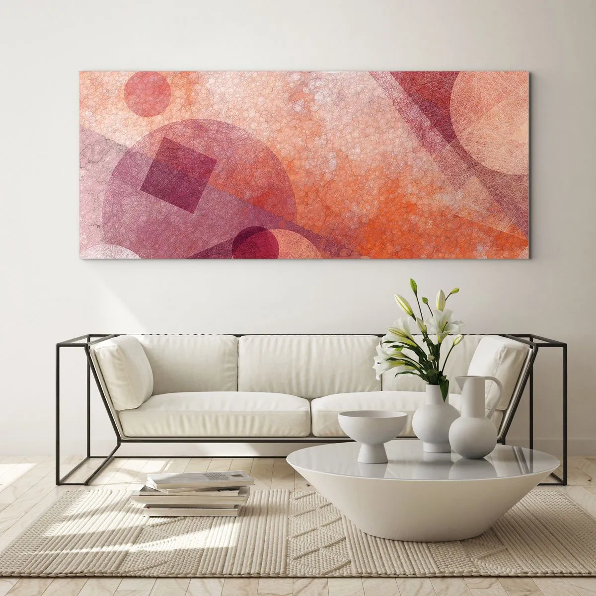 Glastavla - Bild på glas - Geometriska omvandlingar i rosa - 160x50 cm