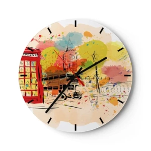 Väggklocka - Klocka på glas - En färgglad skiss av staden med Big Ben och en röd buss. - 30x30cm - Mångfaldens stad - Modern väggdekoration för vardagsrum, kök och sovrum ARTTOR