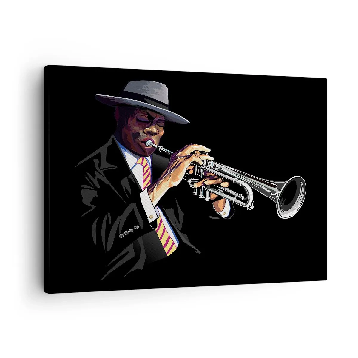 Canvastavla - Bild på duk - En musiker som spelar trumpet mot en svart bakgrund - 70x50cm - Gamla skolans charm - Modern väggdekoration för vardagsrum och sovrum ARTTOR