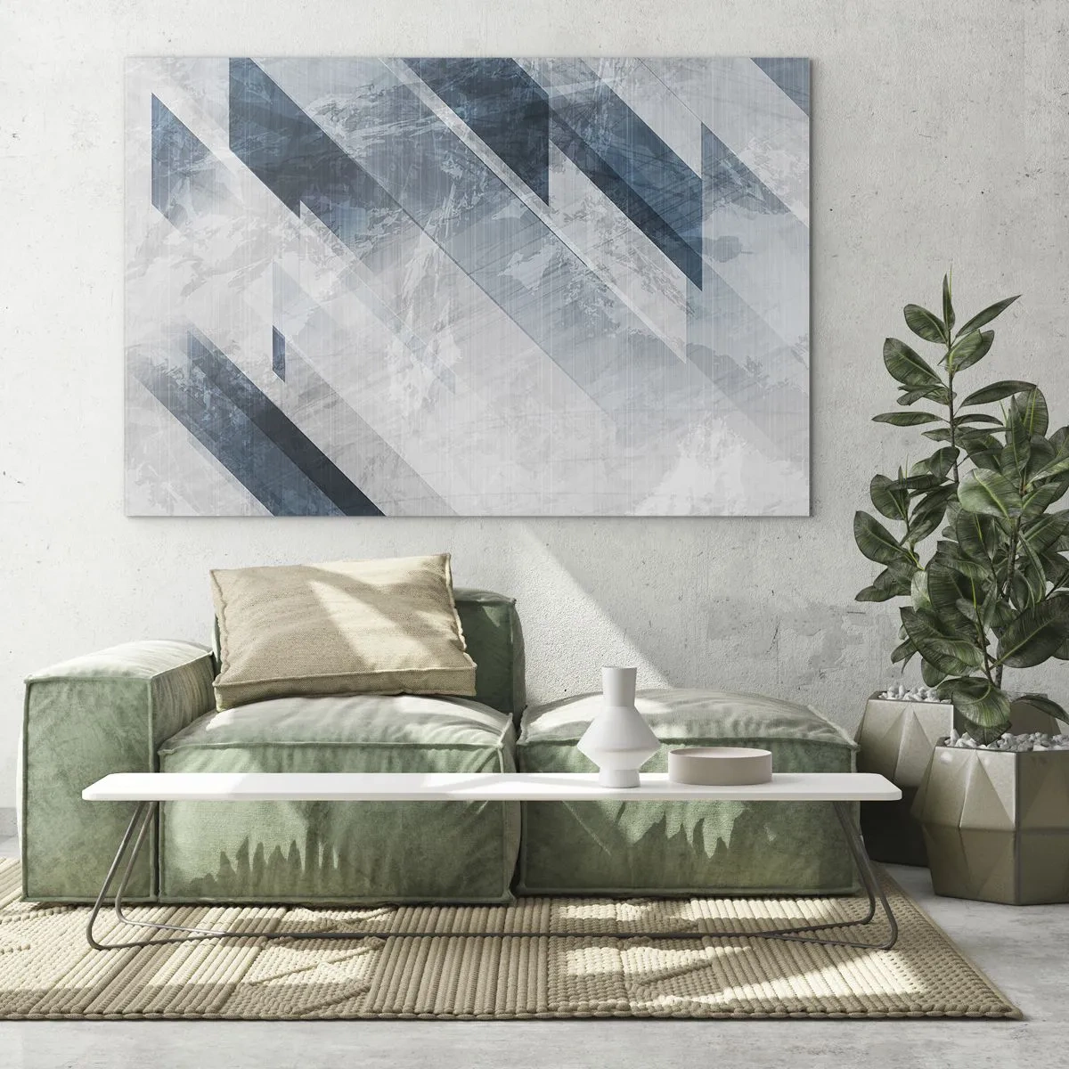 Glastavla - Bild på glas - Geometriska ränder i nyanser av grått och marinblått - 70x50cm - Tredimensionell komposition – gråhetens rörelse - Modern väggdekoration för vardagsrum och sovrum ARTTOR