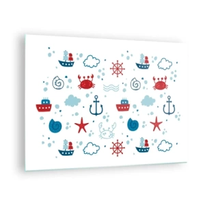 Glastavla - Bild på glas - Nautiska mönster med krabbor, ankare och skepp - 70x50cm - Marin saga - Modern väggdekoration för vardagsrum och sovrum ARTTOR