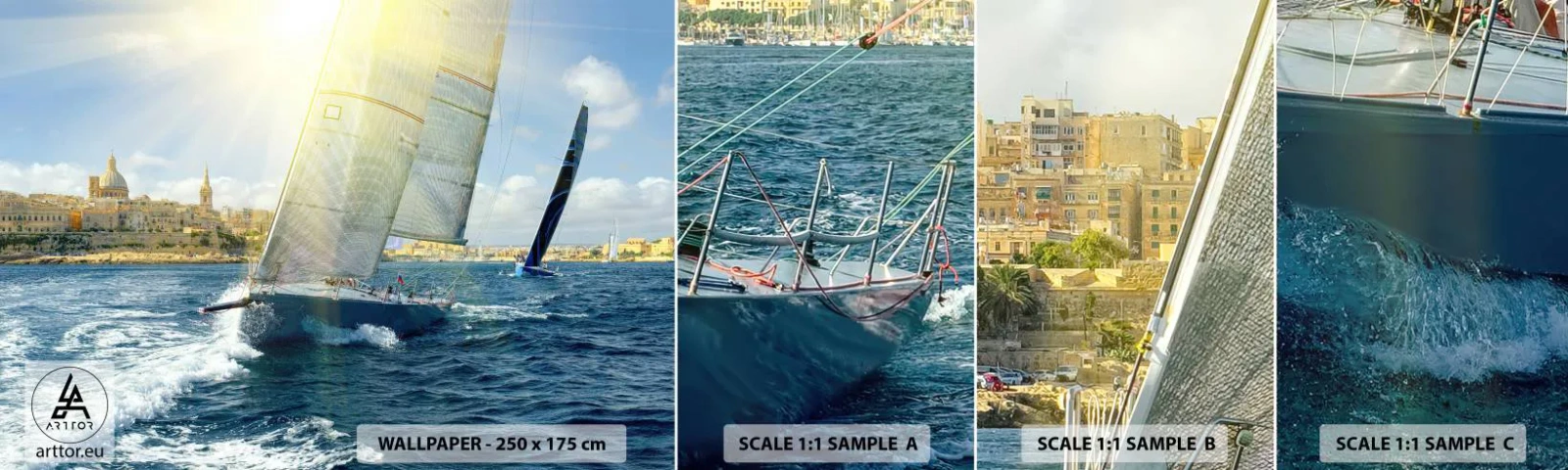 Provbit av självhäftande fototapet Deluxe Sticker - Dags att lämna staden - Stad, Hav, Yacht - 100x30 cm