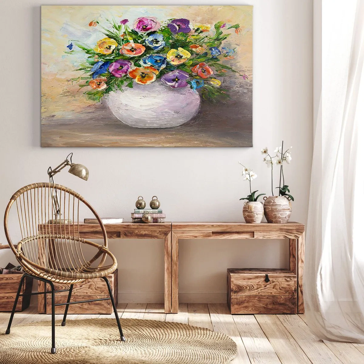 Canvastavla - Bild på duk - En färgglad blombukett i en vit vas - 70x50cm - Stilleben med vit vas - Modern väggdekoration för vardagsrum och sovrum ARTTOR