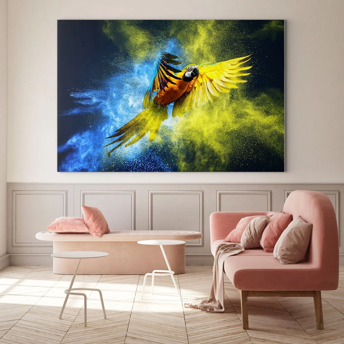 Glastavla - Bild på glas - I blå-gult damm - 100x70 cm