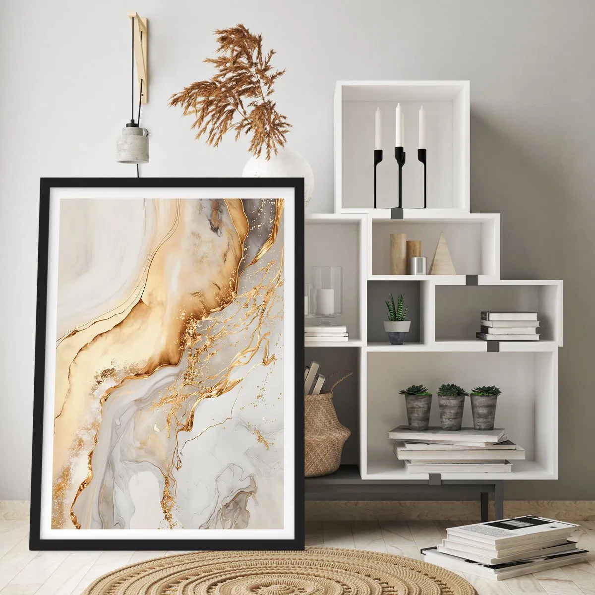 Affisch i svart ram - Abstrakt guld- och vitmarmorkomposition - 50x70cm - Abstraktion: skönhet och godhet - Modern väggdekoration för vardagsrum och sovrum ARTTOR