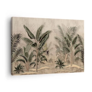 Canvastavla - Bild på duk - Palmer och tropisk vegetation i nyanser av grönt mot en beige bakgrund - 70x50cm - Bild i kolonial stil - Modern väggdekoration för vardagsrum och sovrum ARTTOR