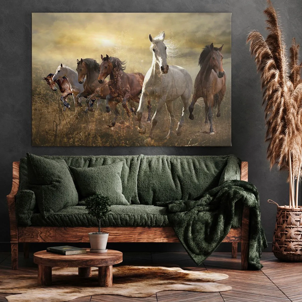 Canvastavla - Bild på duk - En grupp galopperande hästar mot bakgrund av den nedgående solen - 70x50cm - Länge leve frihet! - Modern väggdekoration för vardagsrum och sovrum ARTTOR