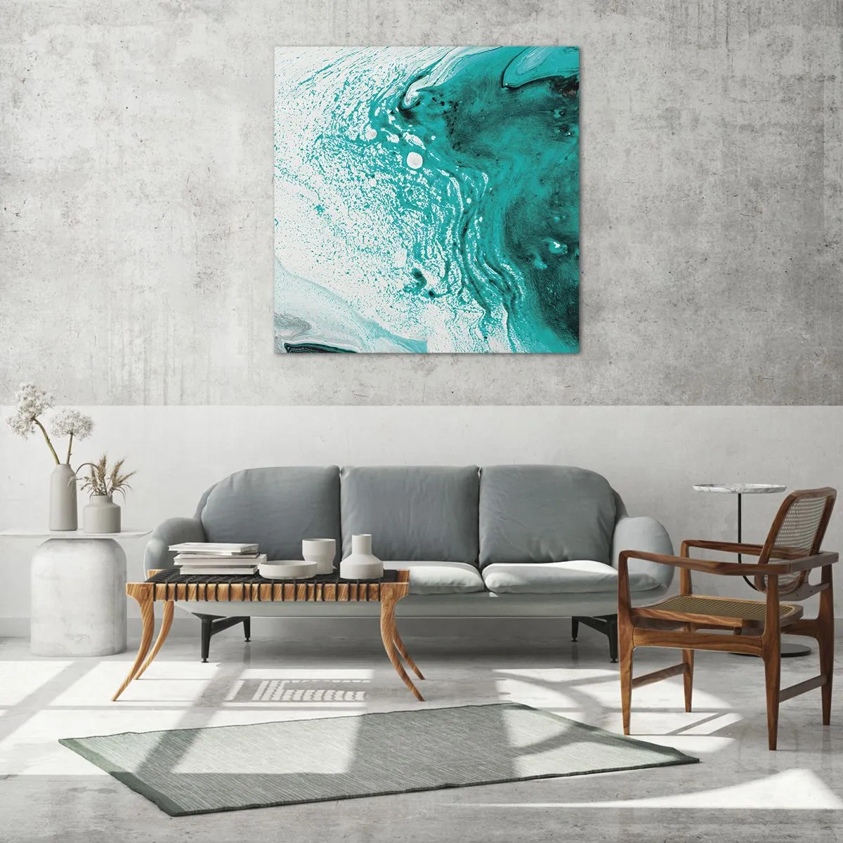 Glastavla - Bild på glas - Smälta sig in i vitt och turkos - 40x40 cm