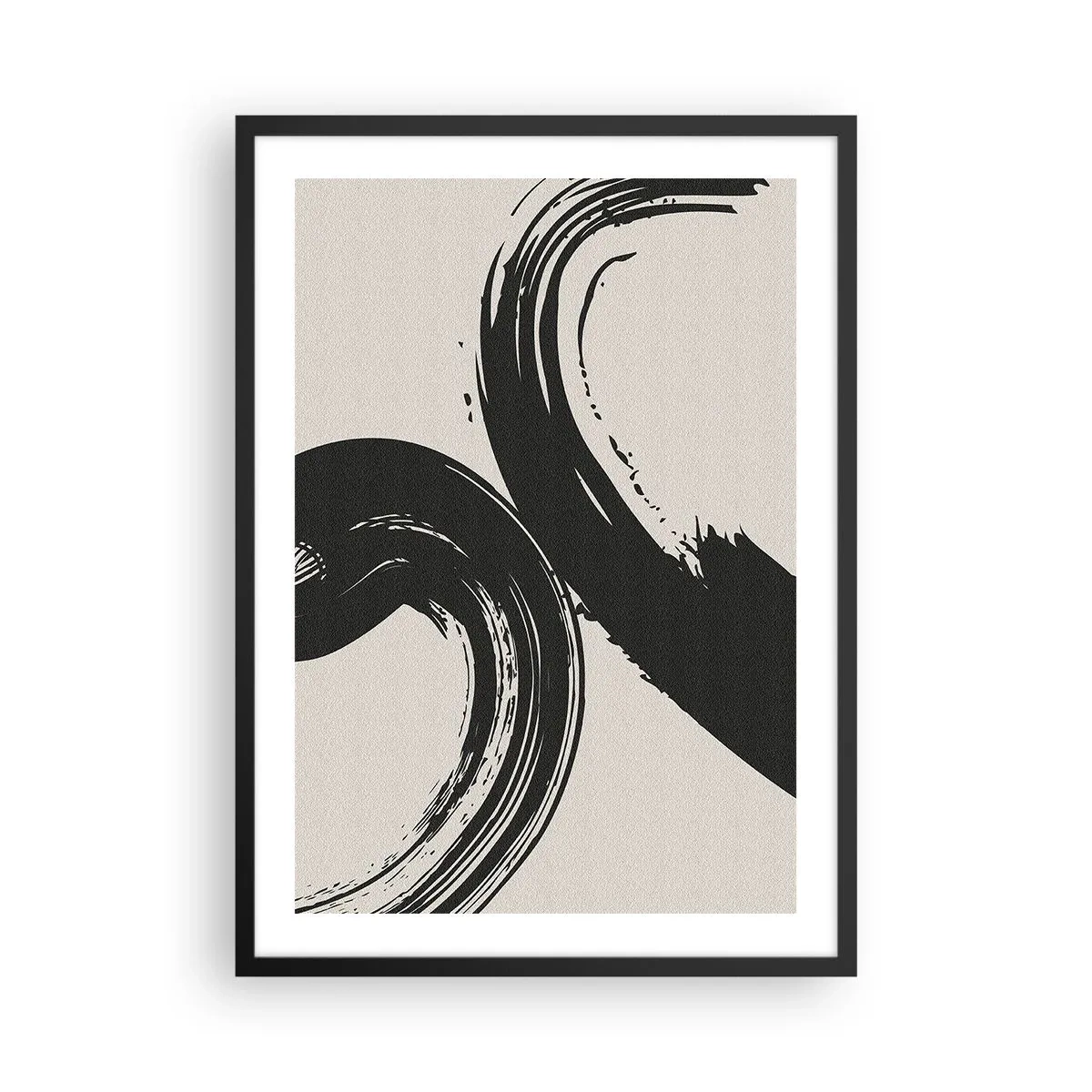 Affisch i svart ram - Dynamiska penseldrag på en beige bakgrund - 50x70cm - Svepande och cirkulärt - Modern väggdekoration för vardagsrum och sovrum ARTTOR