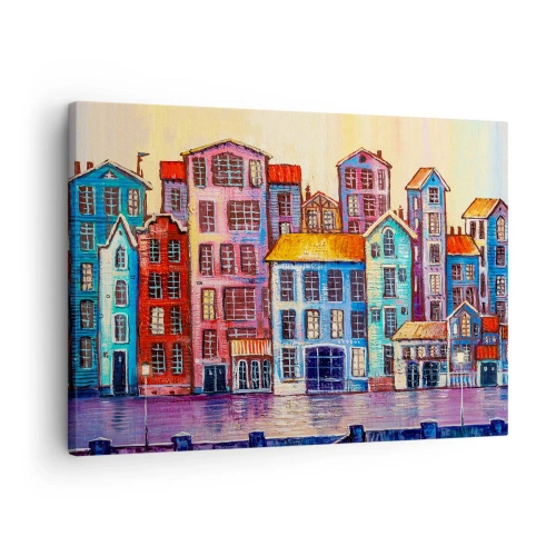 Canvastavla - Bild på duk - Färgglada hyreshus vid vattnet i konstnärlig stil - 70x50cm - En sagostad  - Modern väggdekoration för vardagsrum och sovrum ARTTOR