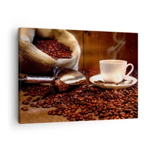 Canvastavla - Bild på duk - En kopp kaffe med kaffebönor och en spannmålspåse i bakgrunden - 70x50cm - Känner du lukten? - Modern väggdekoration för vardagsrum och sovrum ARTTOR