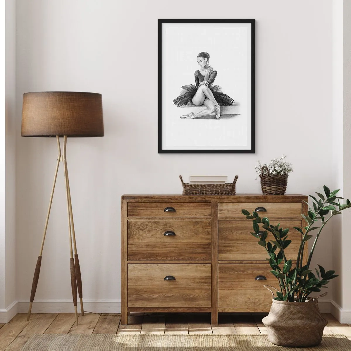 Affisch i svart ram - Skiss av en ballerina som sitter i vila - 50x70cm - Förtrollad av dansen - Modern väggdekoration för vardagsrum och sovrum ARTTOR