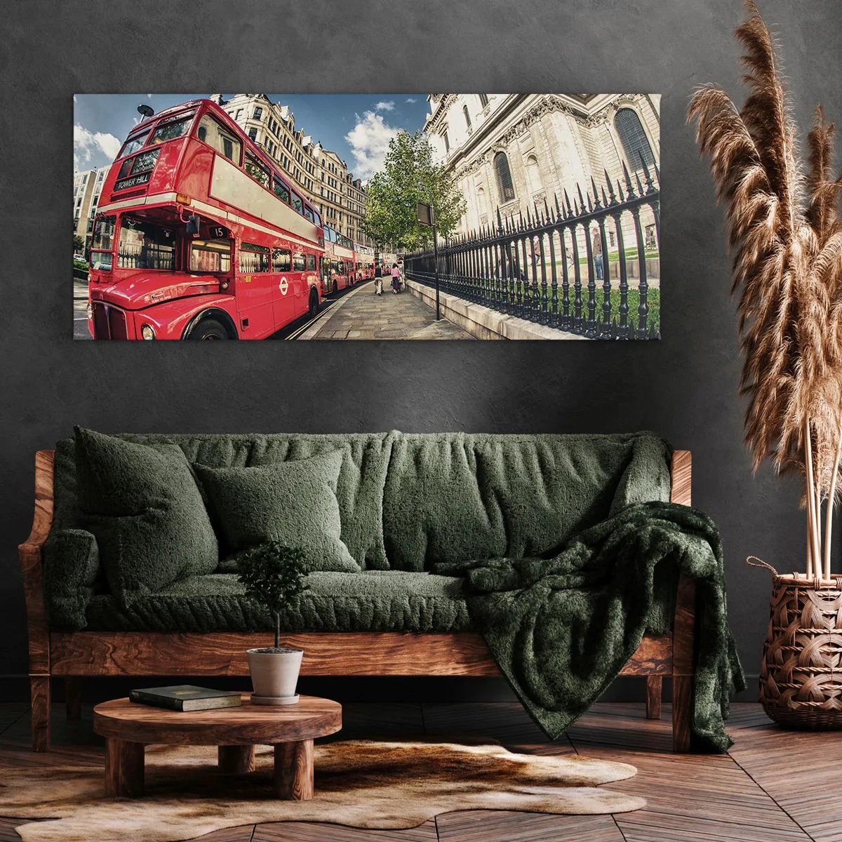 Canvastavla - Bild på duk - Londongata i grå och röd - 90x30 cm