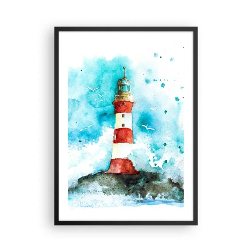 Affisch i svart ram - Akvarellstil fyr med havsvågor - 50x70cm - Elementens enhet - Modern väggdekoration för vardagsrum och sovrum ARTTOR