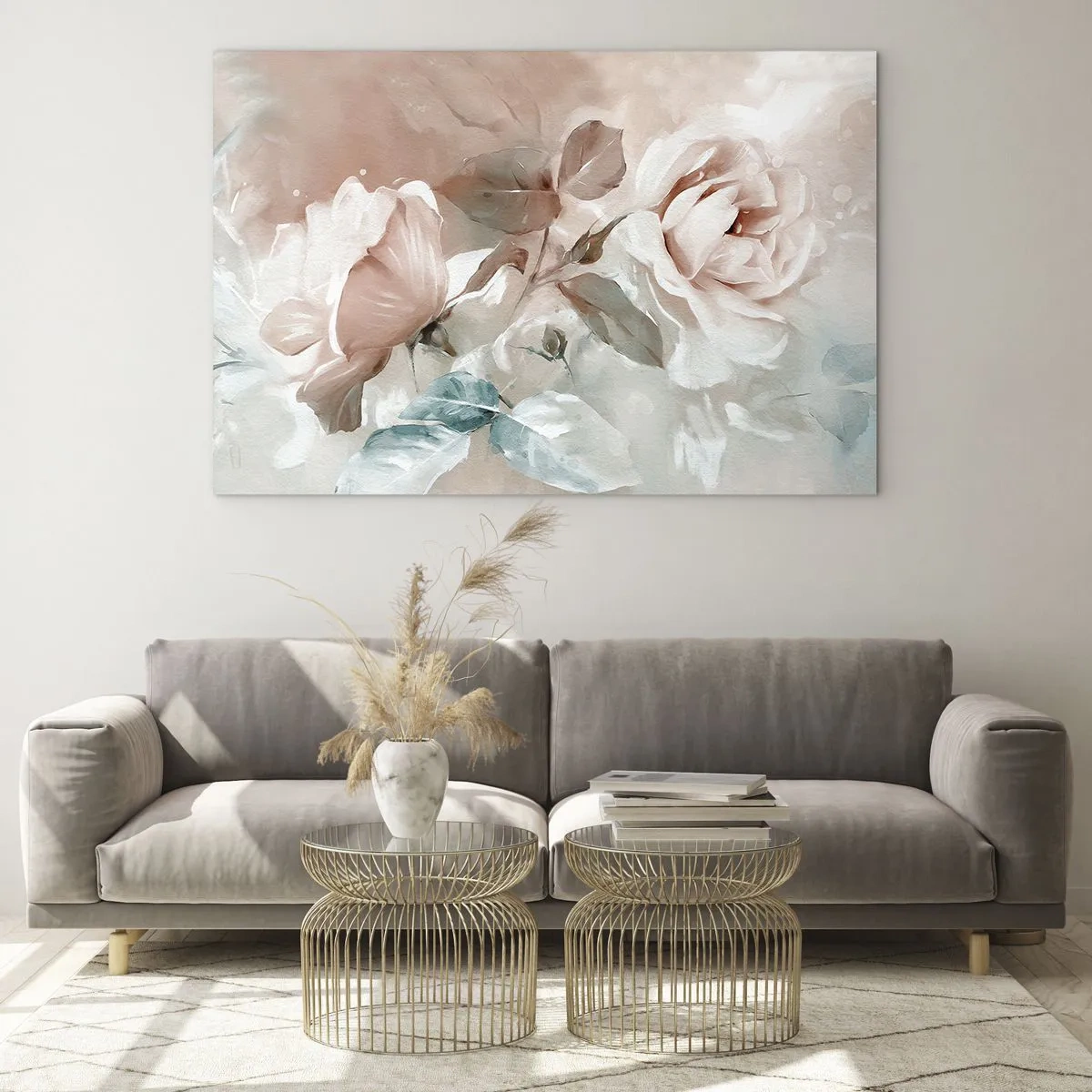 Glastavla - Bild på glas - Fina pastellfärgade akvarellrosor på en ljus bakgrund - 70x50cm - Romantikens anda - Modern väggdekoration för vardagsrum och sovrum ARTTOR