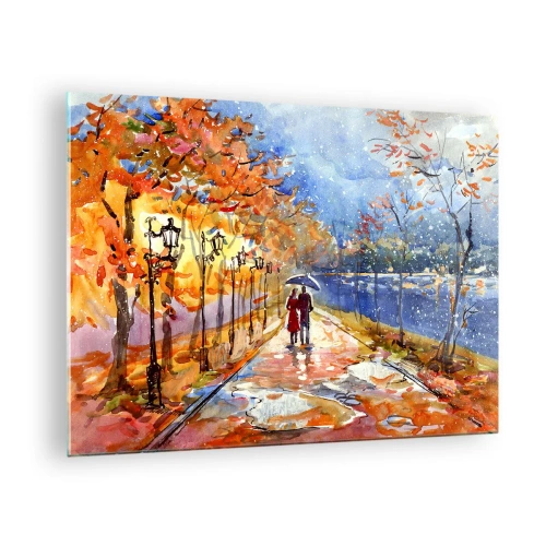 Glastavla - Bild på glas - En höstpromenad längs allén med färgglada löv och lyktor - 70x50cm - Tillsammans mot tidens gräns - Modern väggdekoration för vardagsrum och sovrum ARTTOR
