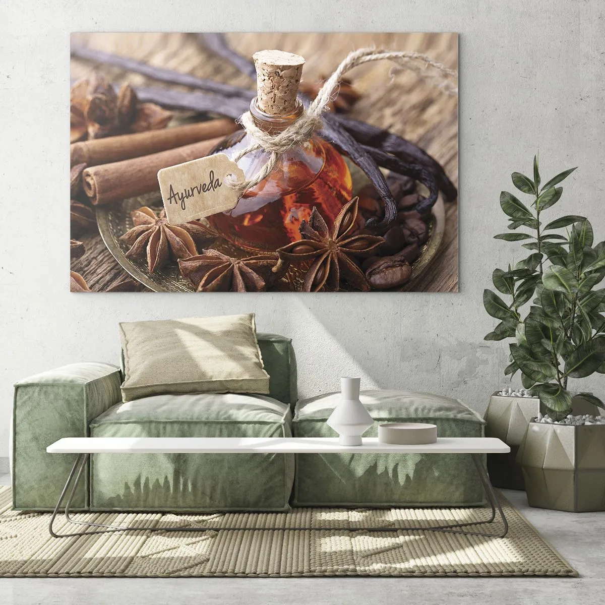 Glastavla - Bild på glas - Ayurvedisk olja och kryddflaska - 70x50cm - Mot kroppens och själens enighet - Modern väggdekoration för vardagsrum och sovrum ARTTOR