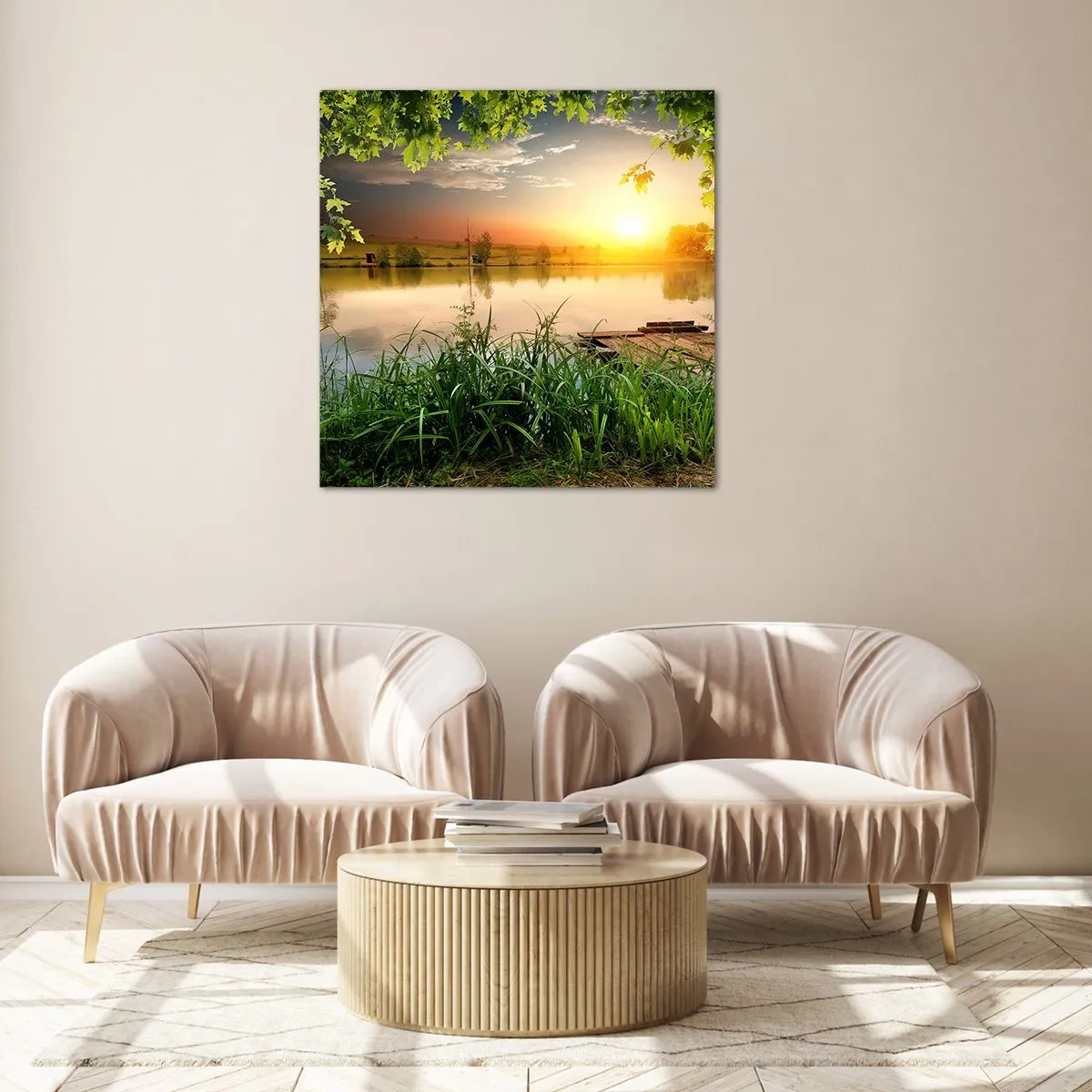 Glastavla - Bild på glas - landskap i en grön ram - 40x40 cm