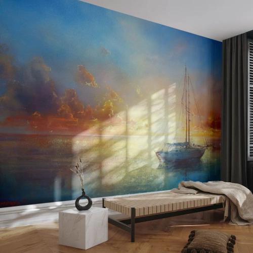 Fototapet Premium Sand - I guldviken - Segelbåt, Landskap, Hav - 350x256 cm