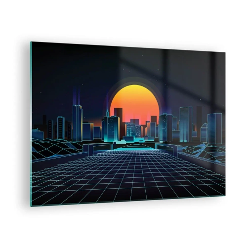 Glastavla - Bild på glas - Futuristiskt stadspanorama med solnedgång - 70x50cm - Vill du fortfarande till verkligheten? - Modern väggdekoration för vardagsrum och sovrum ARTTOR