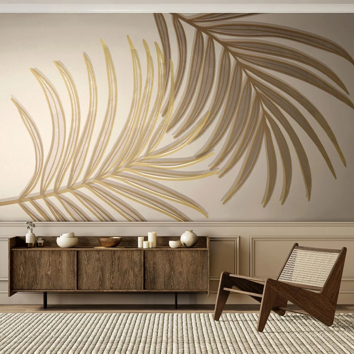 Fototapet Standard Eco - Guldpalmen - Abstraktion, Palmblad, Grafik - 350x256 cm